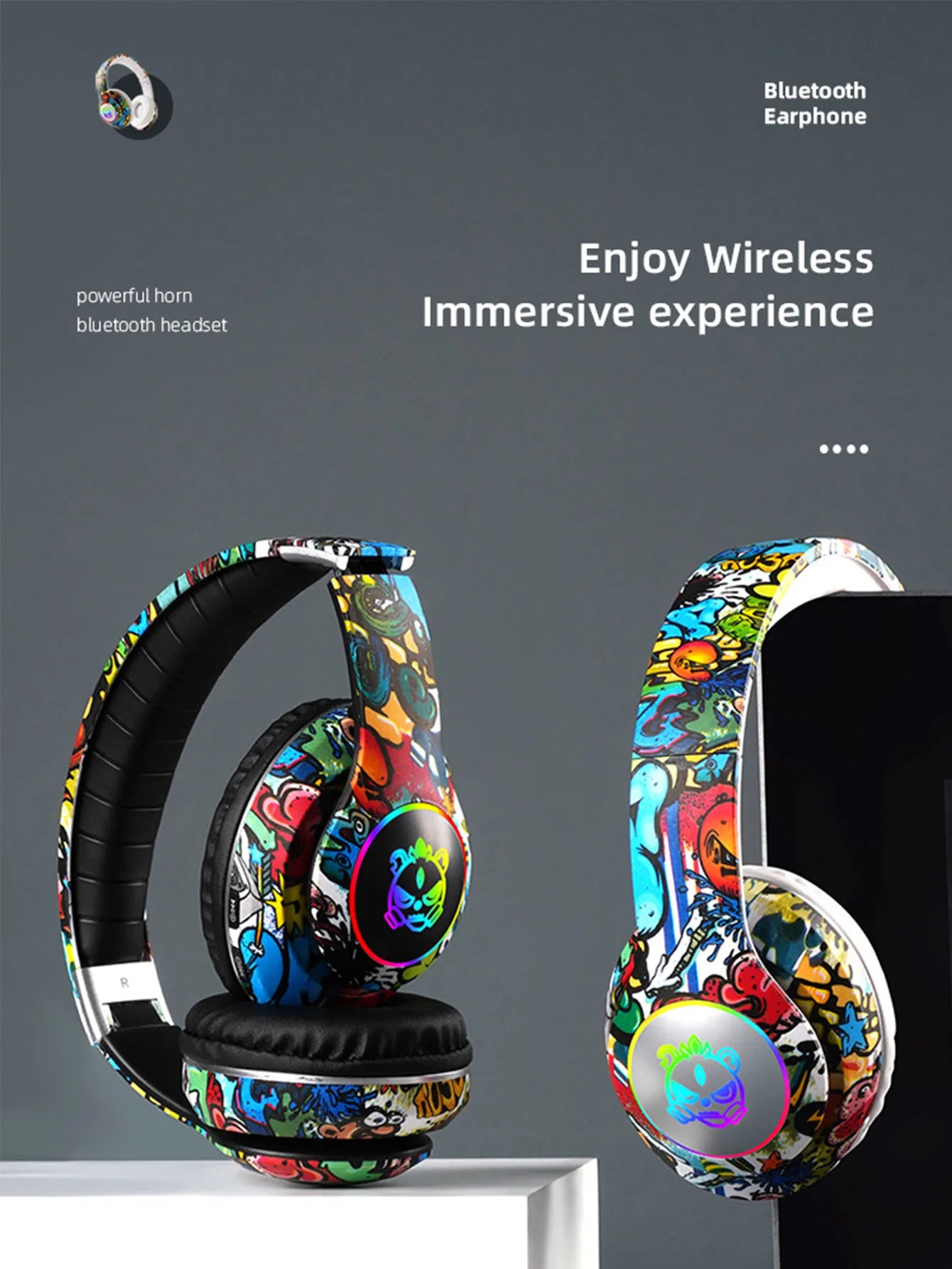 Fashion foldable headset Bluetooth headset, graffiti design, integrated convenient button, cool color lights Bluetooth headset