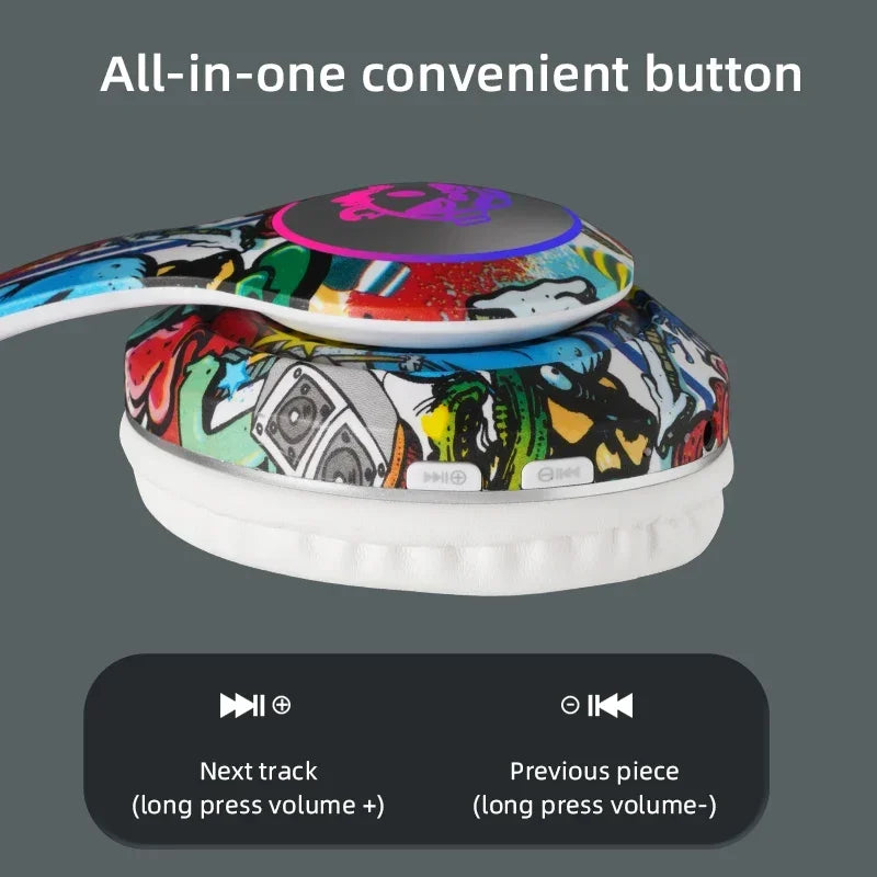 Graffiti Wireless Headphones  LED Light Bluetooth Headsets Game Doodle Earphones Mic For Kids Boy Girl Gifts Support TF Card