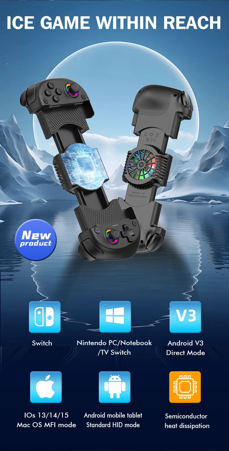 Portable Game Controller X5 Mini with Cooling System,Wireless Gamepad with Hall Rocker,6 Axis Gyro for iPhone/PC/Switch