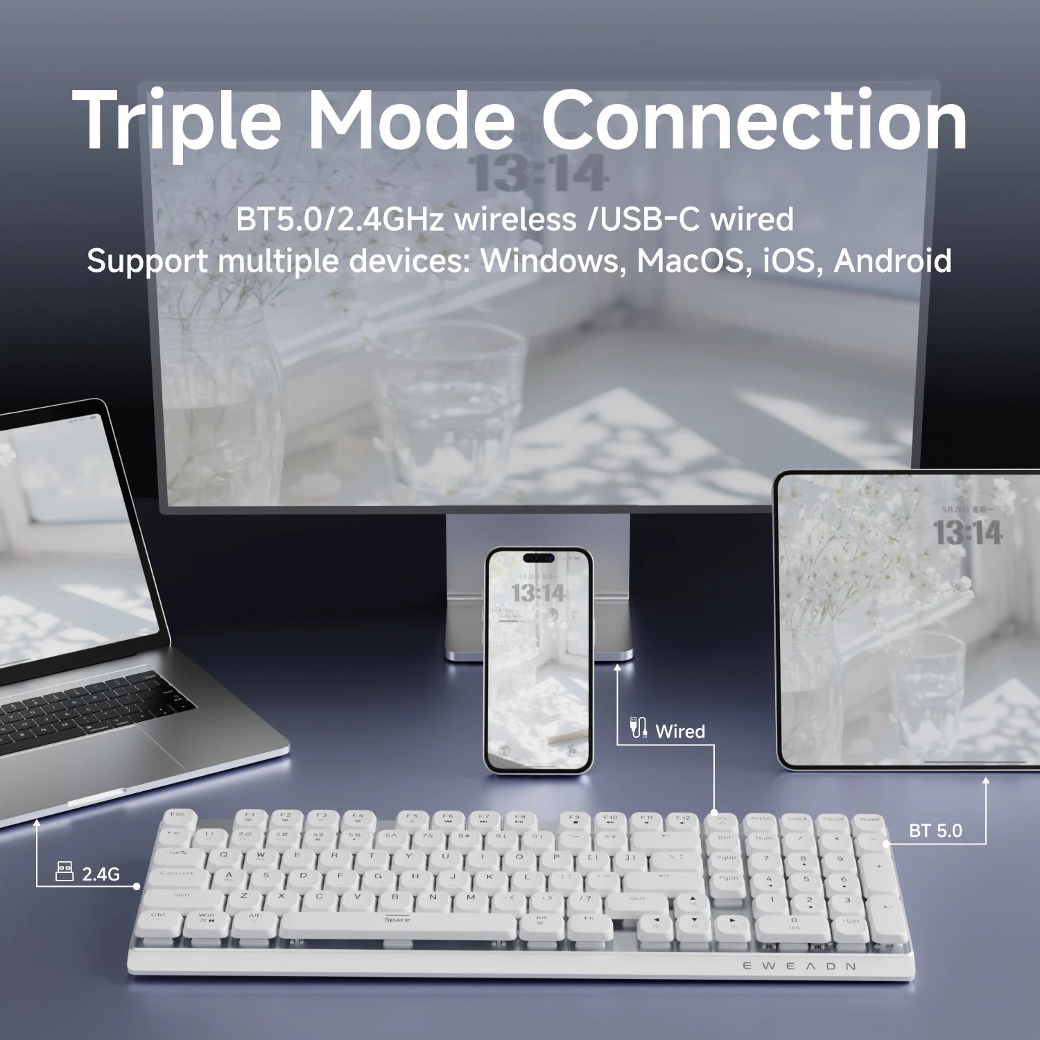 EWEADN Wireless Low-Profile Mechanical Gaming Keyboard, Slim Ergonomic Aluminum Top Design with Fast Switches for eSports, Offic