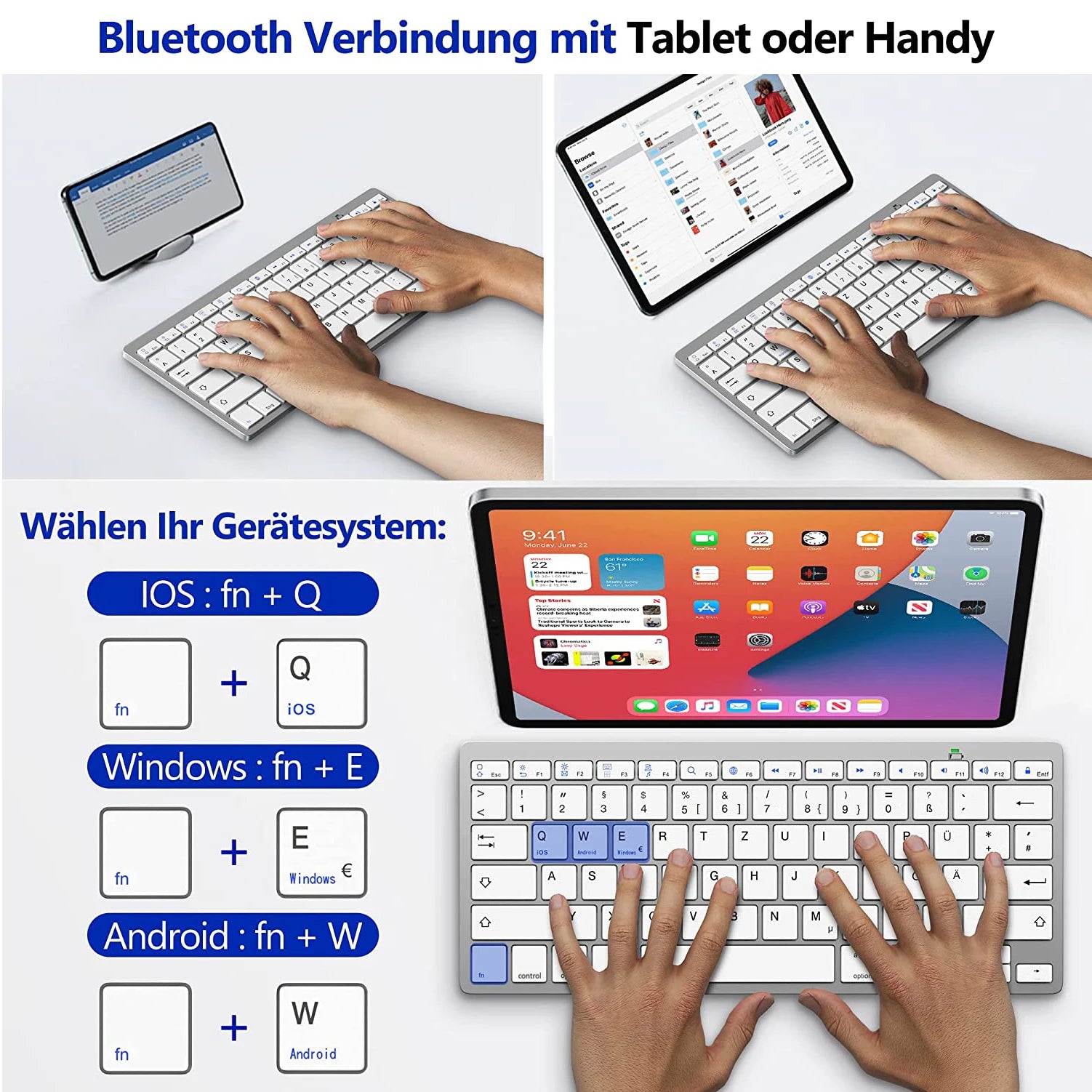 German QWERTZ Layout Bluetooth Keyboard for iPad iPhone iOS Android Windows Portable Wireless Tablet and Mobile Phone Keyboard