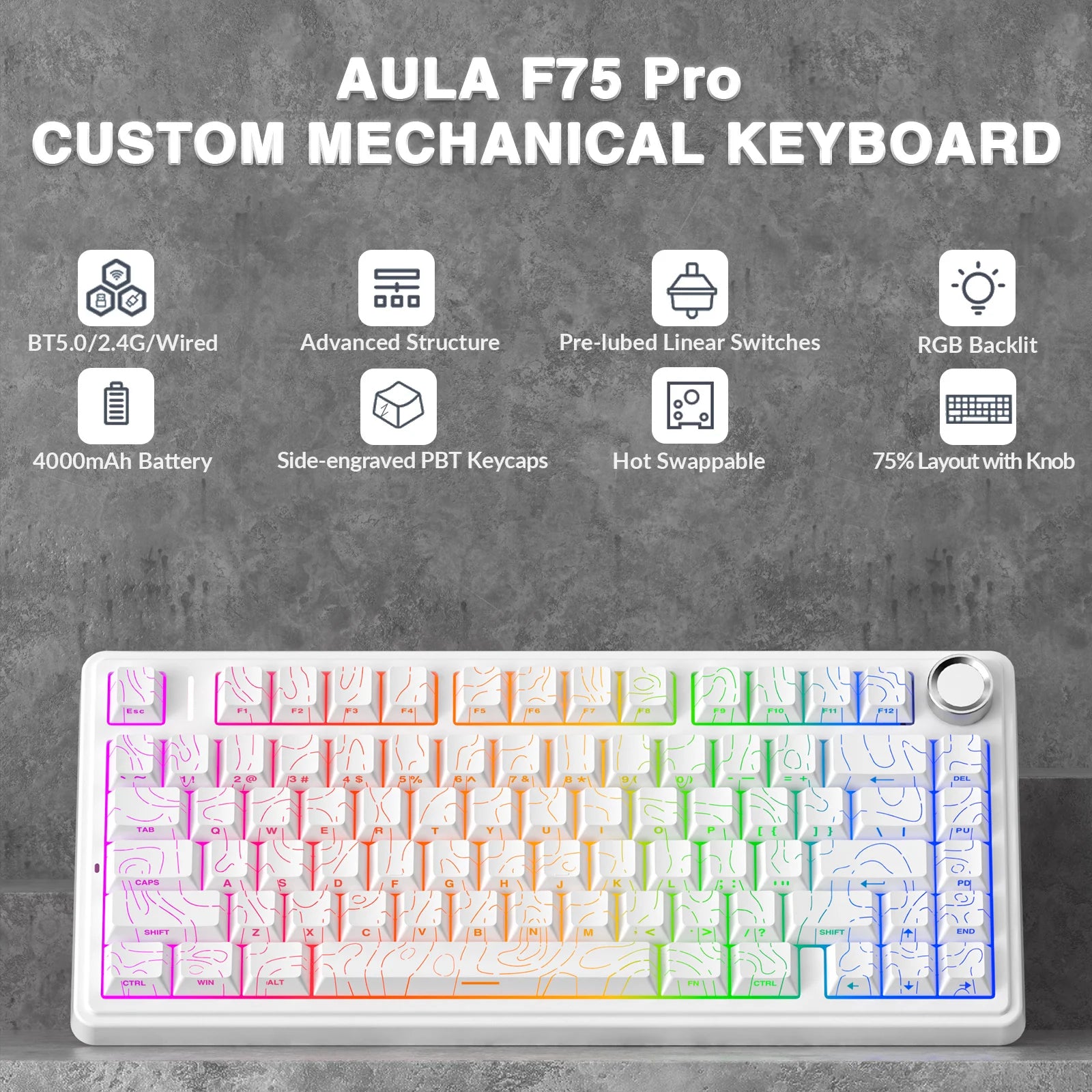 AULA F75 Pro Gasket Mounted Wireless Gaming Mechanical Keyboard RGB Customized 75% Layout Side-engraving PBT Keycaps