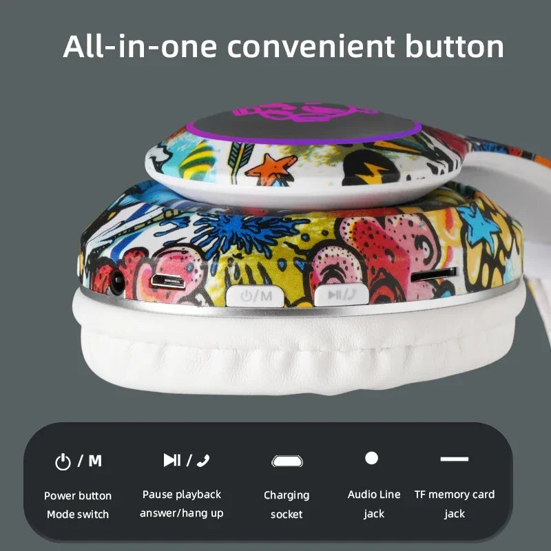 Graffiti Wireless Headphones  LED Light Bluetooth Headsets Game Doodle Earphones Mic For Kids Boy Girl Gifts Support TF Card