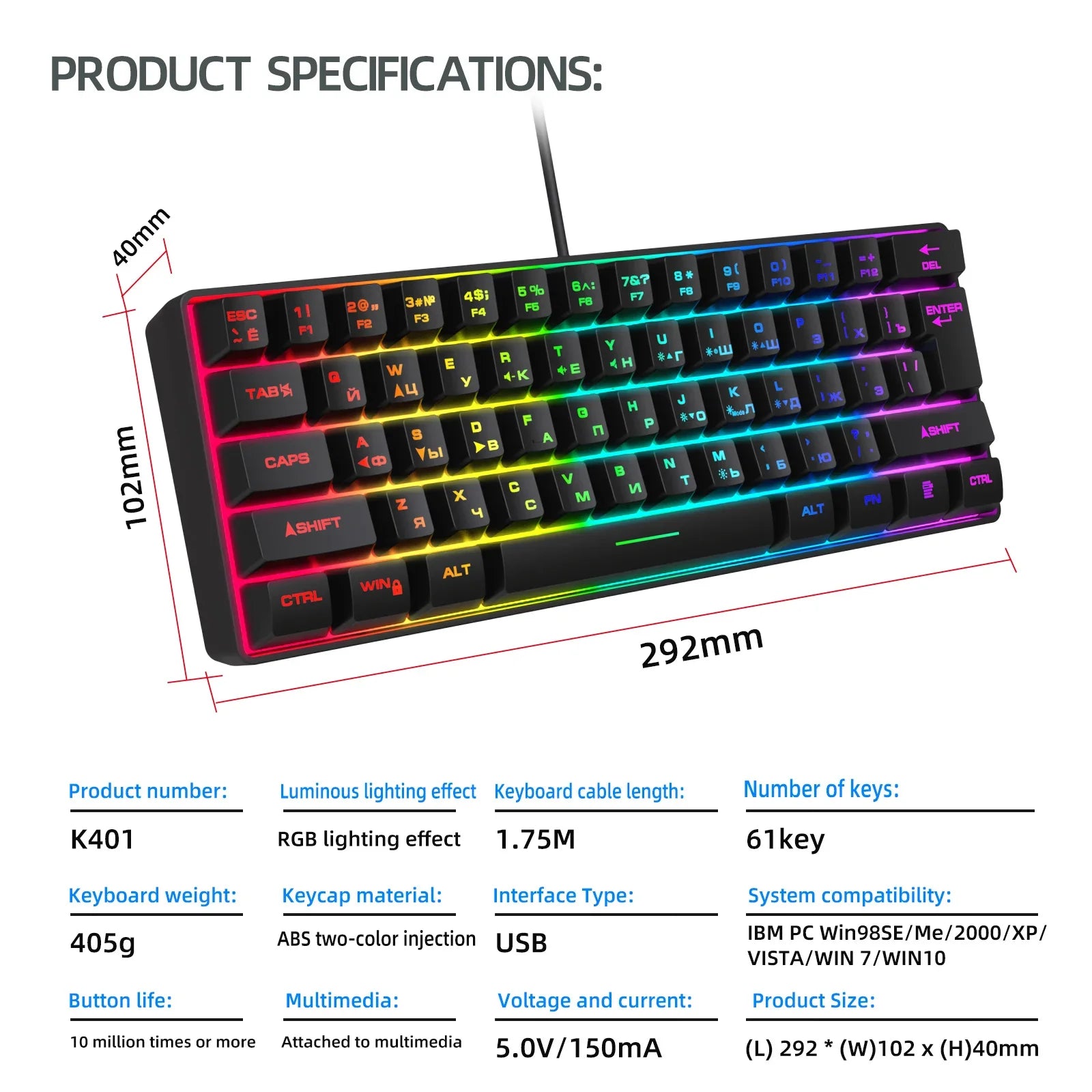 Gaming Keyboard,Russian/English RGB Backlit 61 Key Ultra-Compact Keyboard, Waterproof Mechanical Feeling Office aming Keyboards