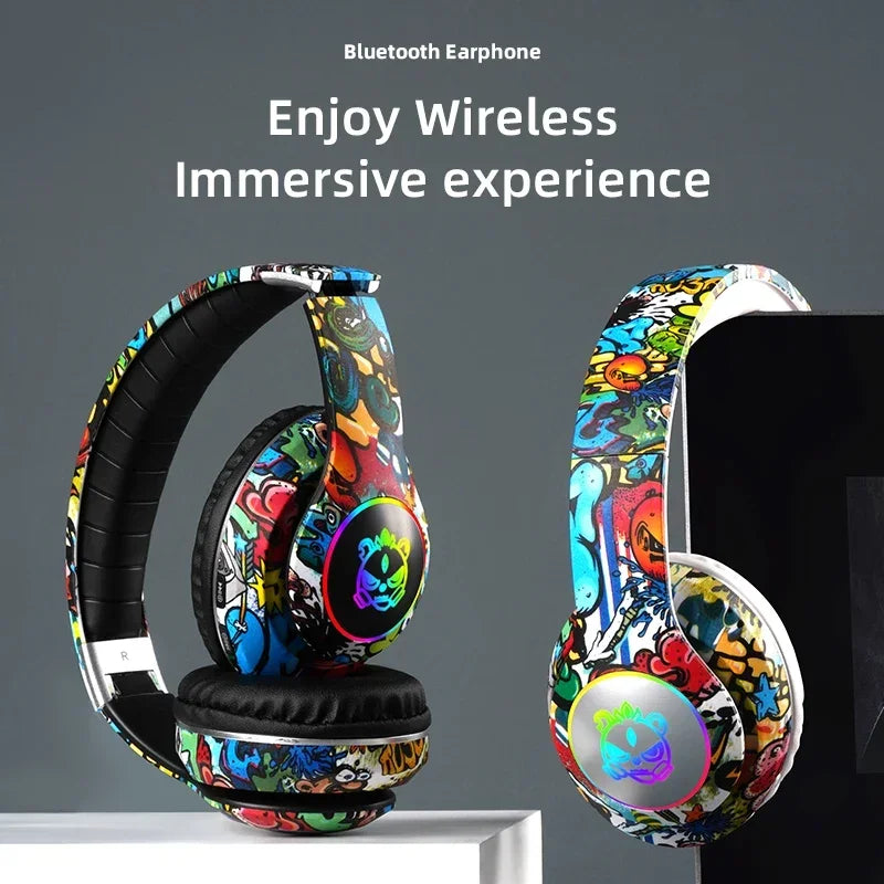 Graffiti Wireless Headphones  LED Light Bluetooth Headsets Game Doodle Earphones Mic For Kids Boy Girl Gifts Support TF Card