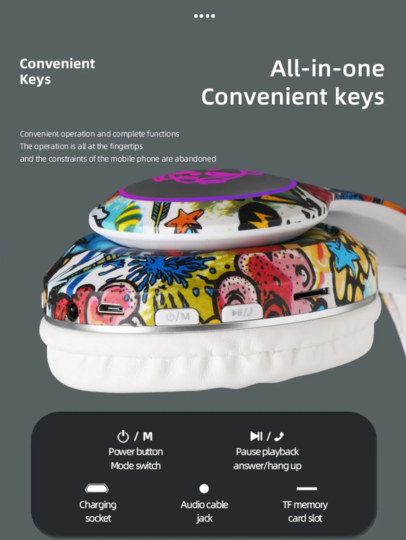 Fashion foldable headset Bluetooth headset, graffiti design, integrated convenient button, cool color lights Bluetooth headset