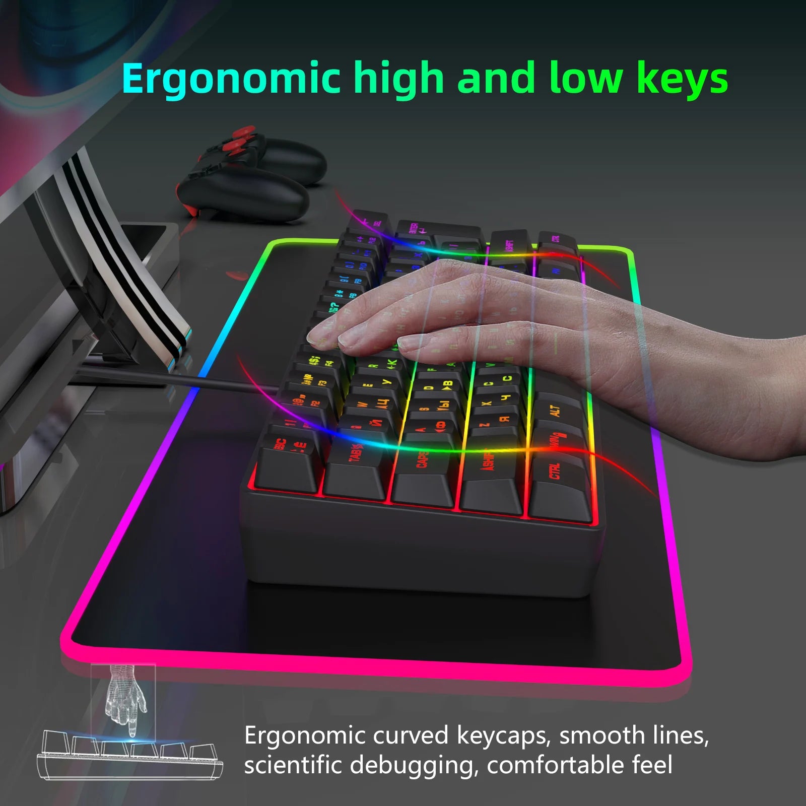 Gaming Keyboard,Russian/English RGB Backlit 61 Key Ultra-Compact Keyboard, Waterproof Mechanical Feeling Office aming Keyboards