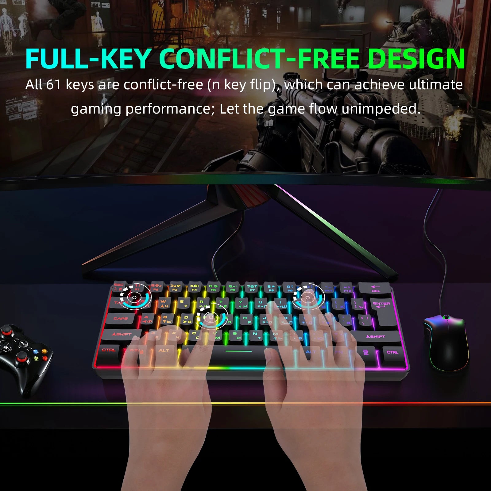 Gaming Keyboard,Russian/English RGB Backlit 61 Key Ultra-Compact Keyboard, Waterproof Mechanical Feeling Office aming Keyboards